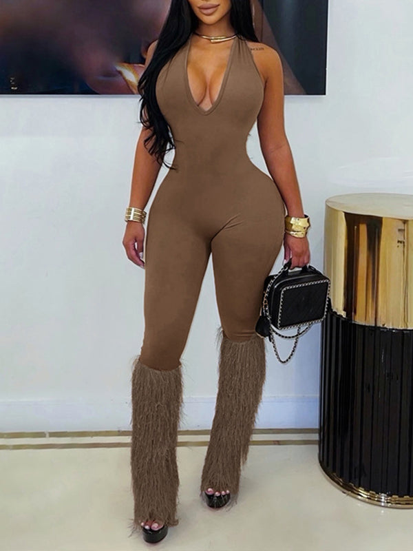 Solid Fringe Halter Jumpsuit