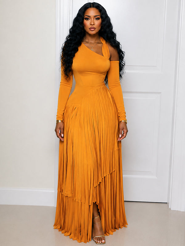 Asymmetric-Neck Fringe Dress
