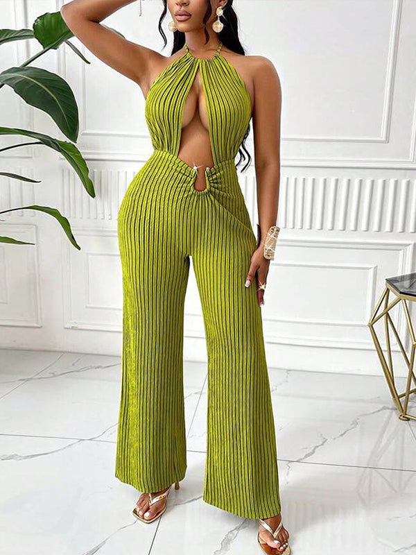 Stripe Cutout Halter Jumpsuit