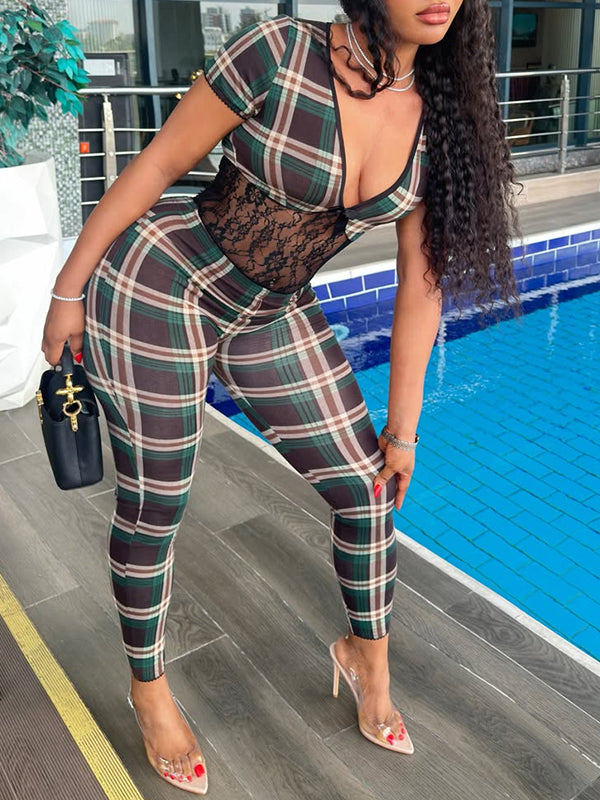 Plaid Lace-Combo V-Neck Jumpsuit