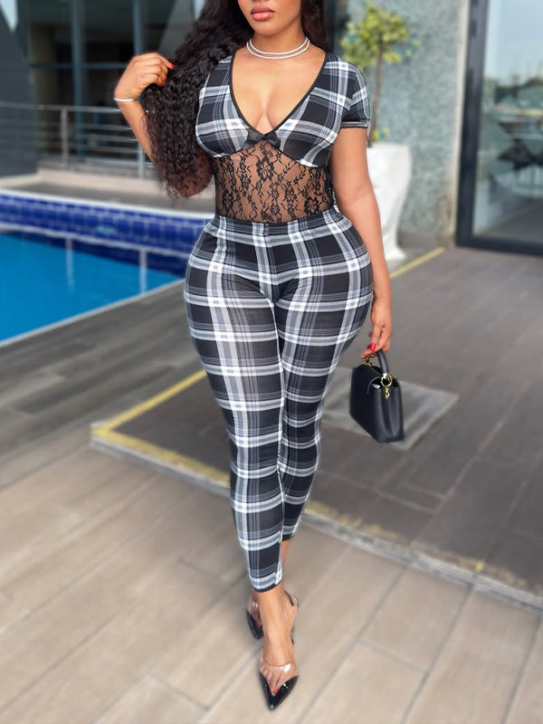 Plaid Lace-Combo V-Neck Jumpsuit
