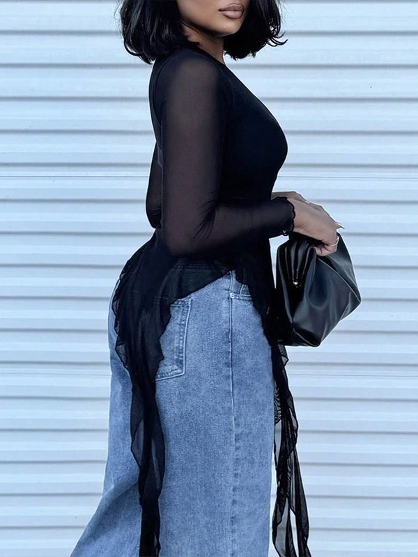 Asymmetric Ruffle Mesh Top