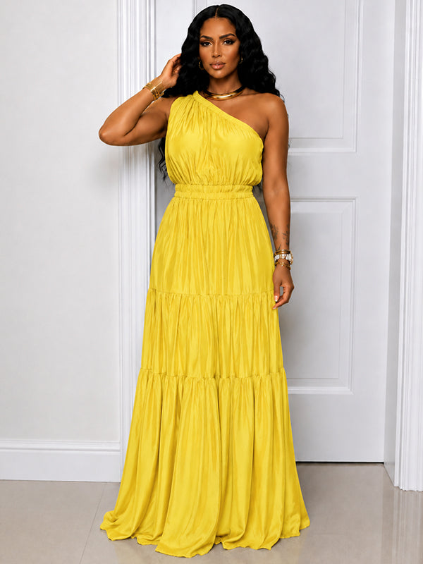 Solid One-Shoulder Ruffle Dress