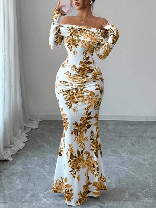Printed Off‑Shoulder Maxi Dress