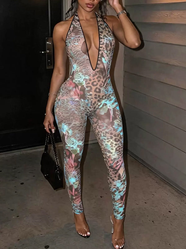 Leopard V-Neck Halter Jumpsuit