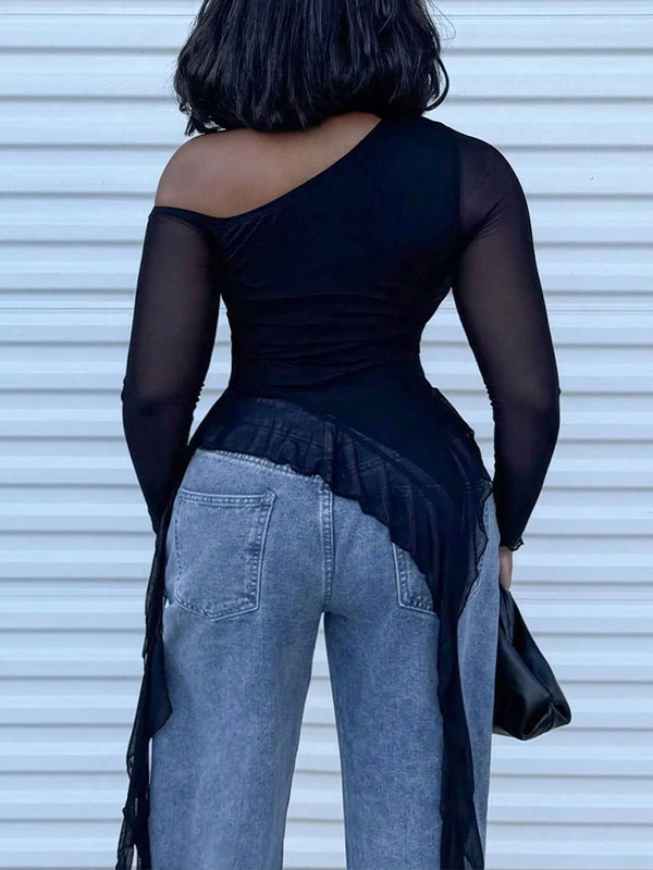 Asymmetric Ruffle Mesh Top