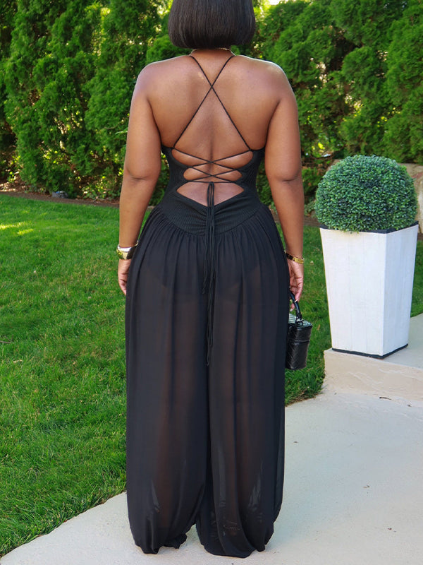 Sheer-Combo Lace-Up Cami Jumpsuit