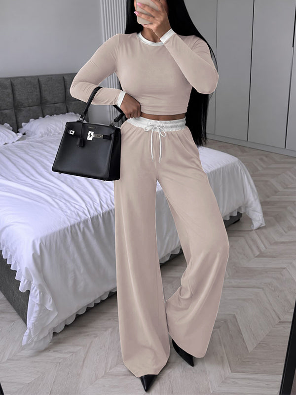 Color-Block Cropped Top & Drawstring Pants Set
