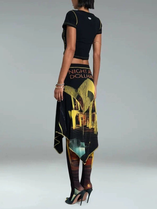 Printed V-Neck Tee & Asymmetric Skirt Set