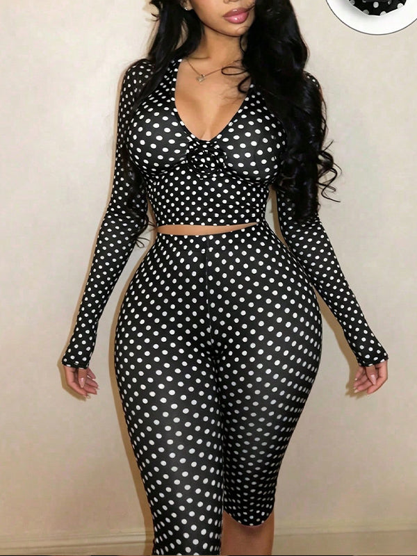 Polka Dot V-Neck Two-Piece Set