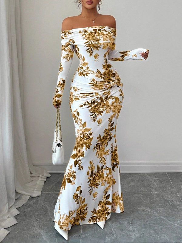 Printed Off‑Shoulder Maxi Dress
