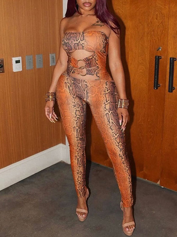 Snake-Print Cutout Strapless Jumpsuit