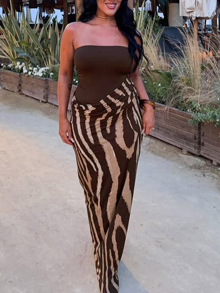 Printed Combo Strapless Dress