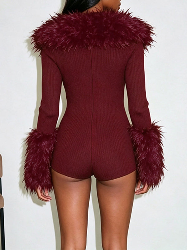 Solid Faux Fur Zip Romper