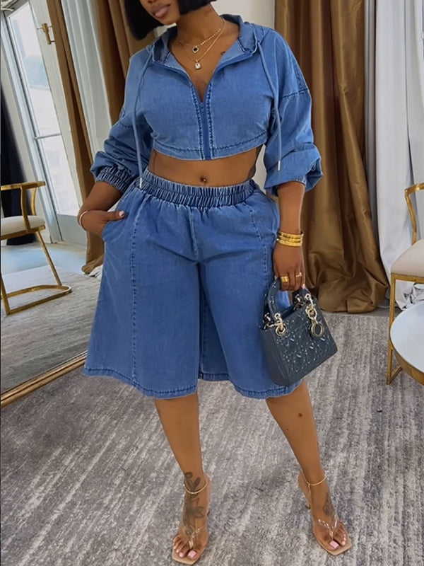 Denim Hooded Jacket & Shorts Set
