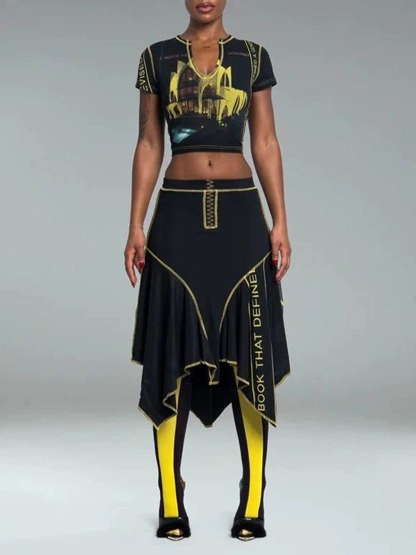 Printed V-Neck Tee & Asymmetric Skirt Set