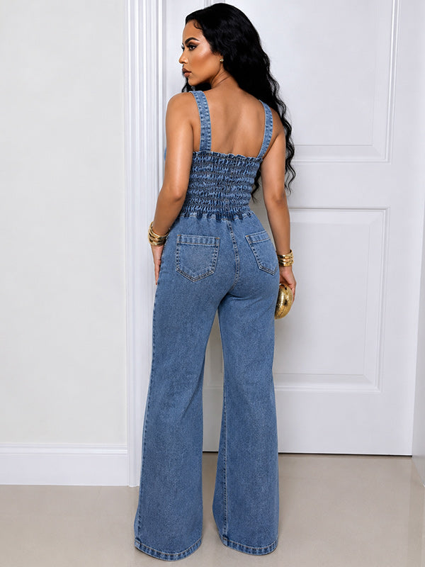Button-Front Sleeveless Denim Jumpsuit