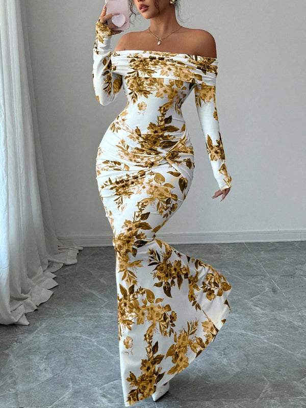 Printed Off‑Shoulder Maxi Dress