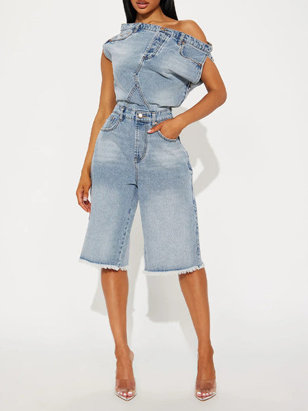 Boat-Neck Denim Romper