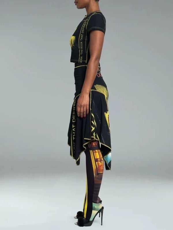 Printed V-Neck Tee & Asymmetric Skirt Set