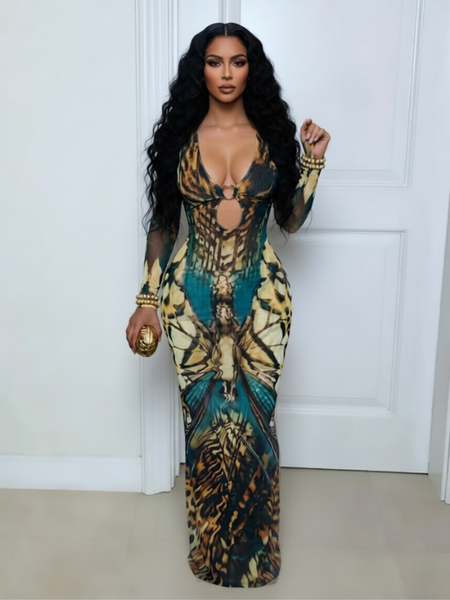 Printed V-Neck Slit Dress