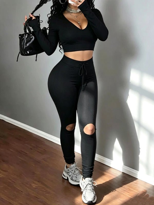 Solid Hooded Top & Ripped Pants Set