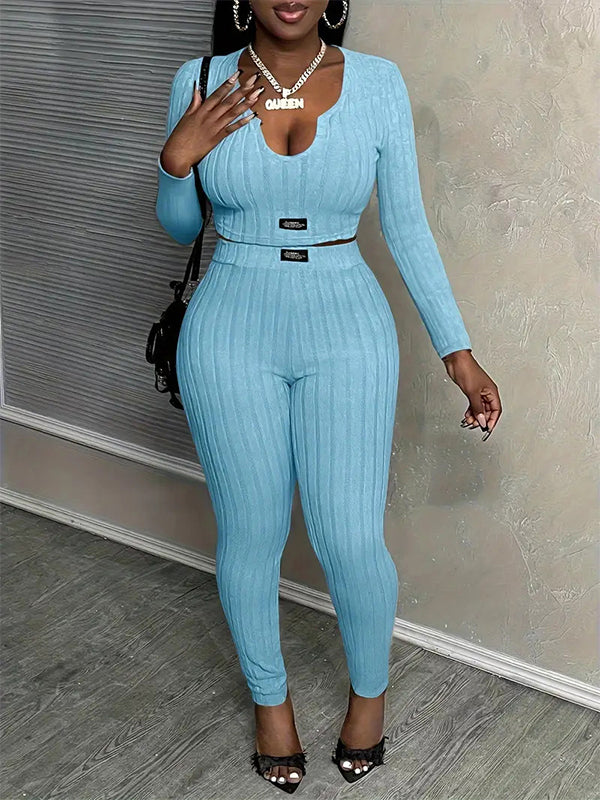 Solid V-Neck Cropped Top & Skinny Pants Set