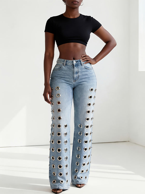 Metal‑Grommet Cut‑Out Denim Jeans