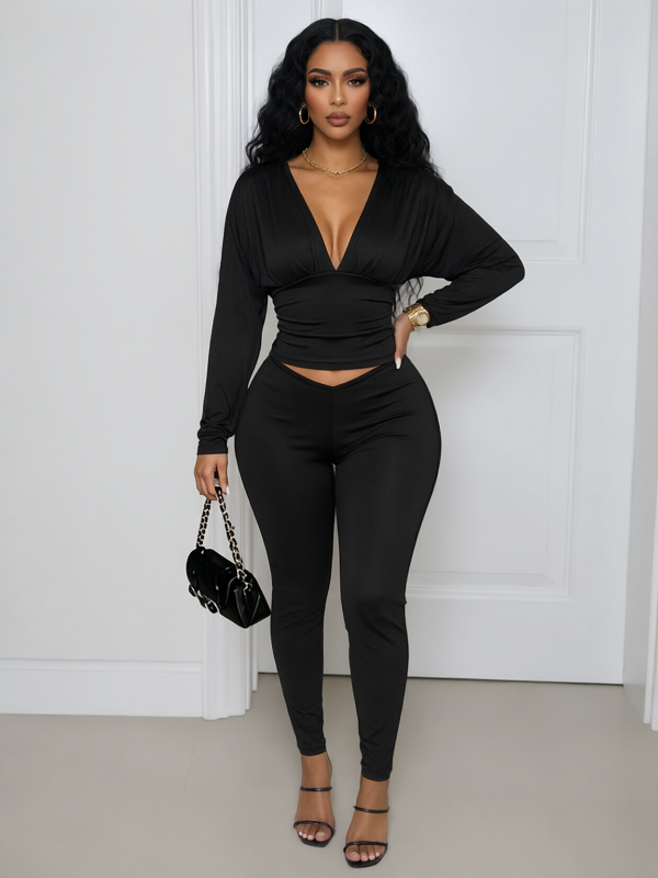 Solid V-Neck Top & Pants Set