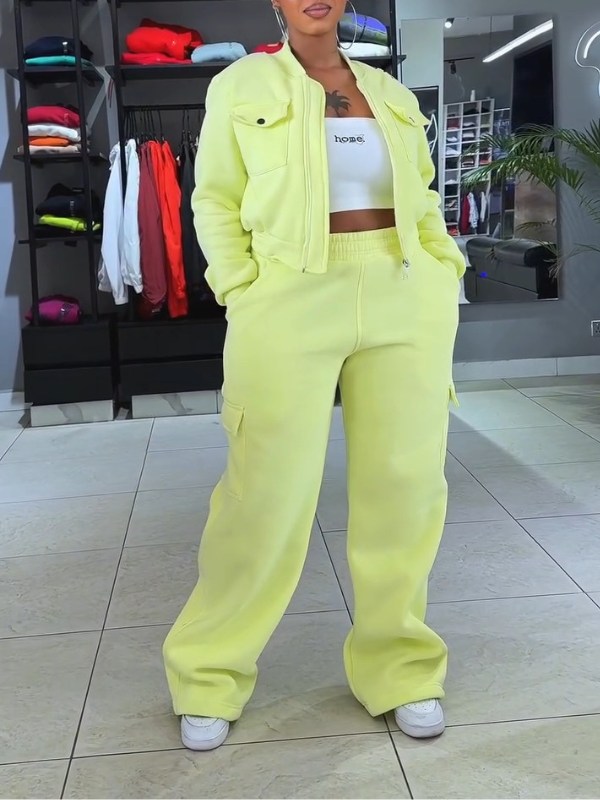 Solid Zip Top & Cargo Pants Set