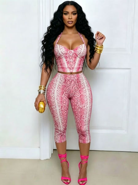Snake-Print Halter Top & Capri Pants Set