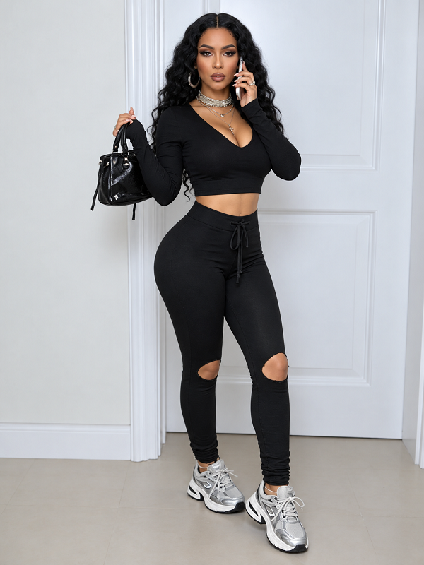 Solid Hooded Top & Ripped Pants Set