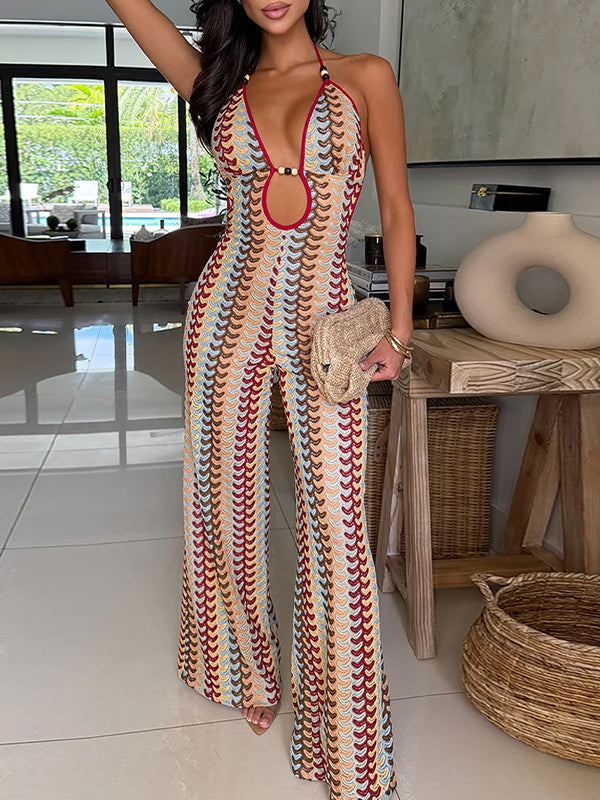 Colorblock Halter Wide Leg Jumpsuit