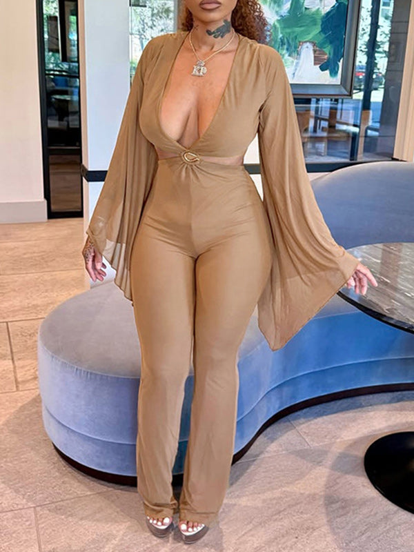 Solid Mesh Flare‑Sleeve Cutout Jumpsuit