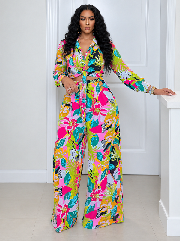 Printed Shirt & Wide-Leg Pants Set