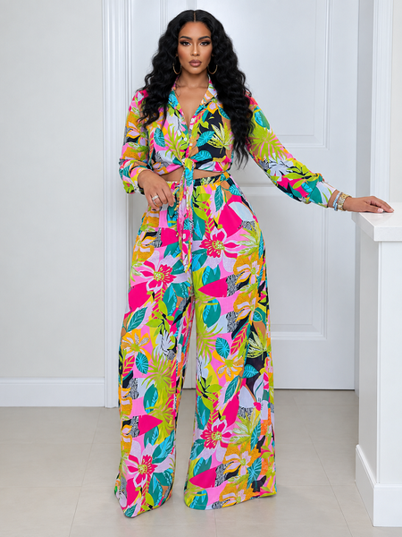 Printed Shirt & Wide-Leg Pants Set