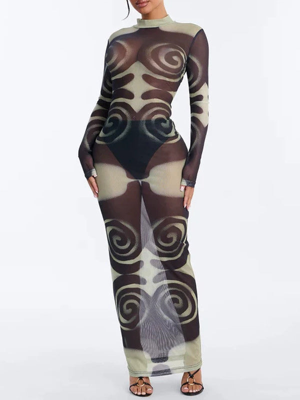 Printed Mesh Mock Neck Dress