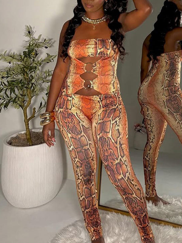 Snake-Print Cutout Strapless Jumpsuit