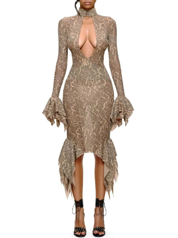 Cutout Bell Sleeve Midi Dress