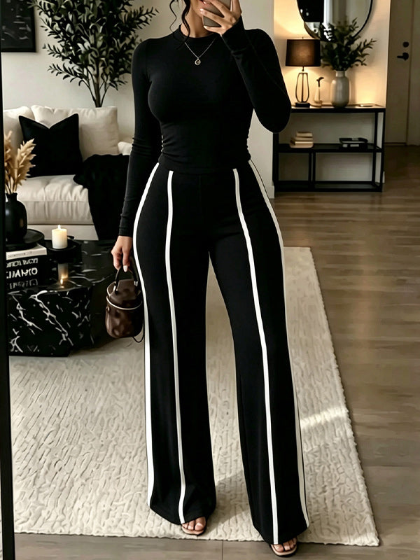Solid Top & Striped Pants Set