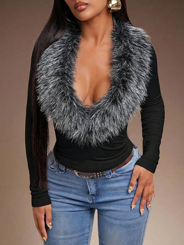Solid Faux Fur Collar Top