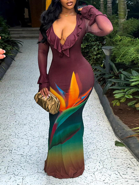 Color‑Blocked Flare Sleeve Bodycon Maxi Dress