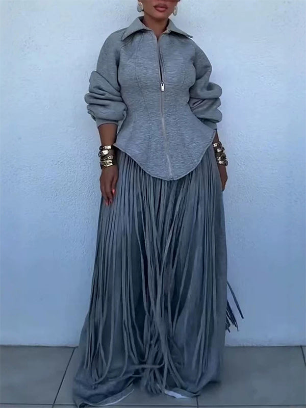 Solid Zip-Up Lapel Corset Sweatshirt