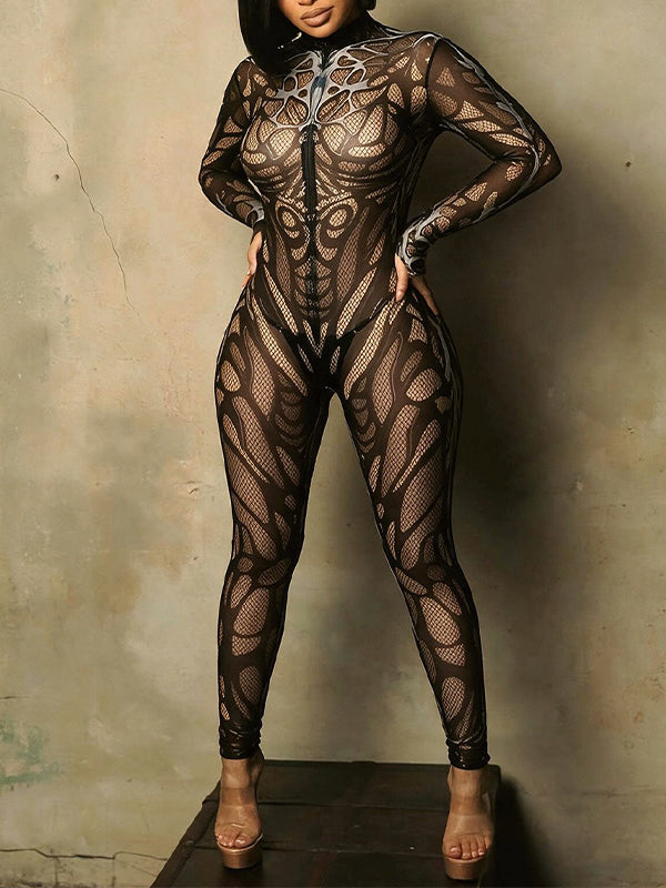 Printed Mesh Skinny Jumpsuit