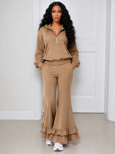 Solid Hoodie Sweatshirt & Flare Pants Set
