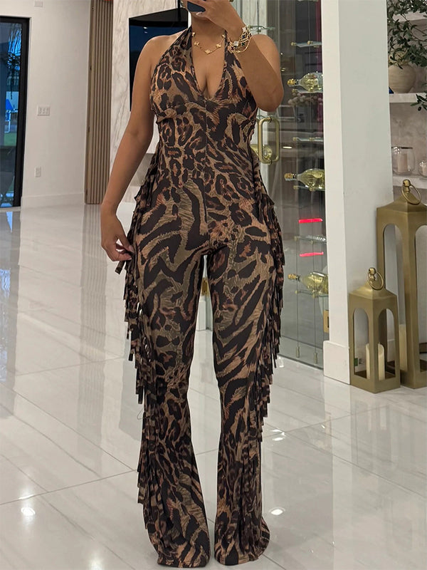 Leopard‑Print Fringe Halter Jumpsuit