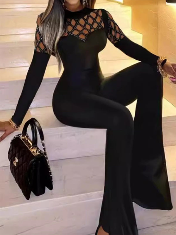 Rhinestone Cutout Flare Jumpsuit