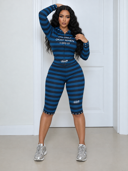 Stripe Stud Hooded Top & Capri Pants Set