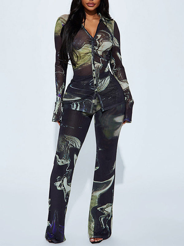 Printed Ruched Shirt & Pant Set