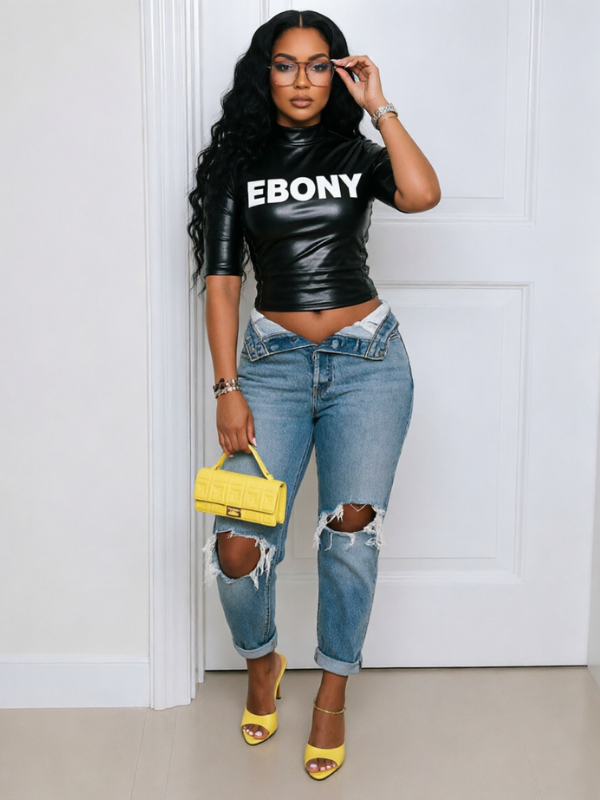 Letter-Print Faux-Leather Top